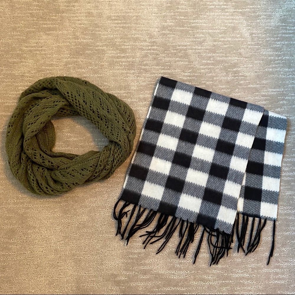 2 Scarves - Green Infinity Knit, B&W Buffalo Plaid